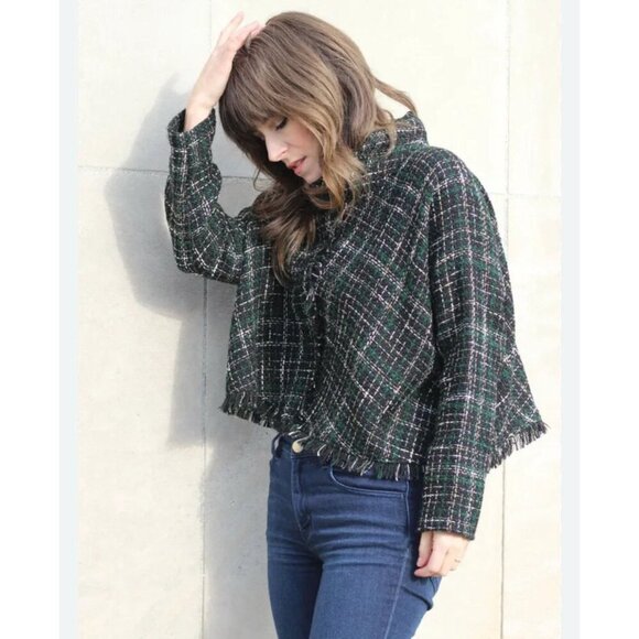 ZARA WOMAN Tweed Fringed Mock Neck Front Cropped Jacket Plaid Black Green Size M - Picture 2 of 11